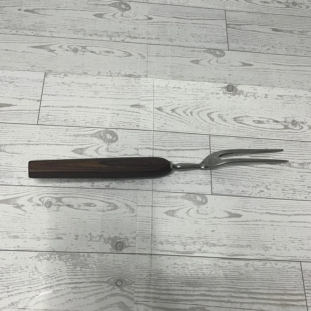 Vintage Stainless Steel Meat Carving Fork Wood Handle Made in USA MCM Kitchen